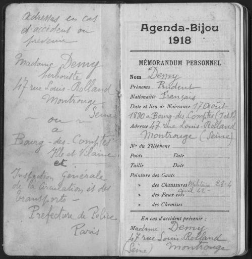 (1 Num 1/103). Extraits du journal de Prudent Demy, tenu dans un agenda du 1er janvier au 3 octobre 1918. Après une période de repos en début d'année 1918 à Vitry-le-François (Marne) (vues 2-5), le groupe de Prudent Demy participe à l'offensive du printemps près de Suippes (Marne) (vues 6-16), puis aux attaques dans la Marne et l'Aisne durant l'été (vues 20-36). Prudent tombe malade le 22 septembre (vue 37) ; à partir du 26 et jusqu'à sa mort, c'est Emilie Demy, venue au chevet de son époux, qui tient son journal (vues 38-39). Prudent note quotidiennement ses déplacements, ses activités (exemple vue 19) et les nouvelles qu'il reçoit par courrier (exemple, vues 17-18), et partage à partir du 31 juillet son découragement (vue 23 et suiv.).