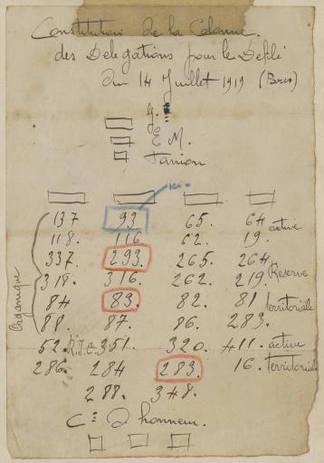 (1Num1/165-10). Plan du défilé militaire du 93e régiment d'infanterie, du 14 juillet 1919 à Paris. - 1 p., ms.