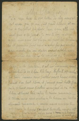 (1 Num 1/181/4). Lettres de Jean Auvrignon à son frère Joseph, [ca 17] août 1914-3 mai 1915 (23 lettres).