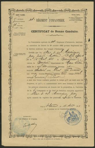 (1 Num 1/181/6). Certificats décernés à Jean Auvrignon : certificat de bonne conduite, 15 août 1911 et certificat de médaille militaire (croix de guerre avec étoile de bronze), 27 févr. 1922.