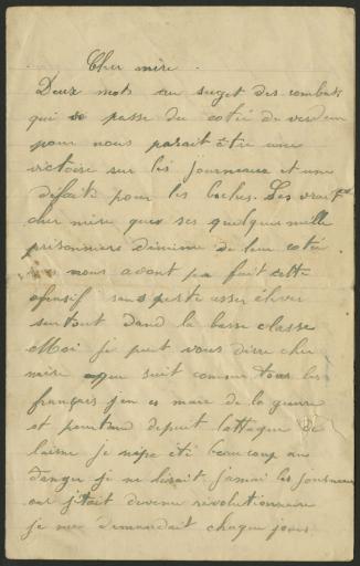 (1Num1/213/3) Une lettre d'Eugène Berthomé non datée (1916?) adressée à sa mère où il évoque les combats de Verdun, son mal-être et son dégoût de la guerre "je suis comme tous les français, j'en ai marre de la guerre" (vue 1) ; suivent deux chansons : "Sur le plateau" à l'attention de son jeune frère et "Poupée d'amour" (vues 3-6).