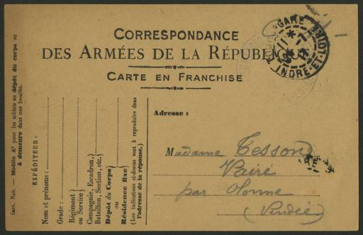 (1Num1/225/1). Correspondance envoyée par Marcel Tesson à ses parents (24 juillet 1917 - 15 novembre 1918). - 67 lettres et 7 cartes postales.