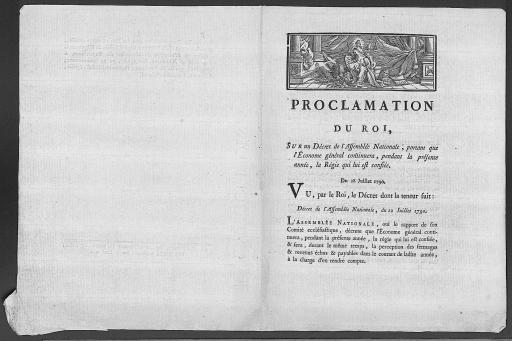 (1Num110/6). Lois imprimées par ordre du Département du Maine-et-Loire chez Mame : le 26 juill. 1790, la proclamation du roi datée du 18, prolongeant pour l'année la régie confiée à l'économe général, 3 p. ; le 31 juill., les lettres patentes datées du 18, engageant des poursuites contre ceux qui refusent de payer des droits seigneuriaux, 4 p. ; le 3 août 1790, la proclamation du roi datée du 7 juillet organisant l'armée navale, 6 p. ; le 31 oct. 1791, la loi du 6 concernant les biens et usages ruraux et la police rurale, 26 p. ; Mame, d'Angers, frais d'impression du district, 5 juin 1790.