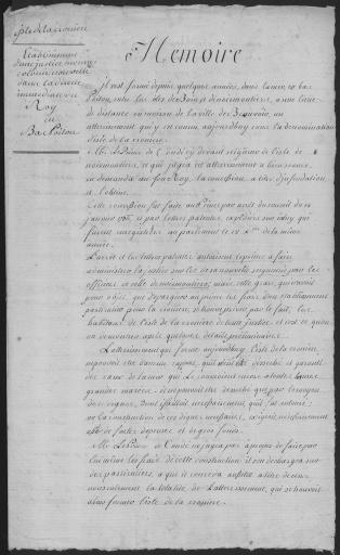 (AAIN 6 D 56). Mémoire adressé au Roi demandant l'établissement d'une justice sur la Crosnière [après 1774] ; lettre de Cornil-Guislain Jacobsen à l'intendant du Poitou, demandant à conserver les privilèges accordés auparavant, accompagnée d'un refus (1779).