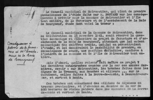 (AAIN 11 E 29) Rapport de V. Bastard extrait des délibérations du Conseil municipal de Noirmoutier-en-l'île [dact, 1942]. | Conséquences à prévoir de la fermeture et de l'assèchement de la Baie de Bourgneuf