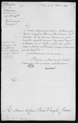 (3 J 1). Correspondance de Boissy d'Anglas avec le comte de Montalivet, ministre de l'Intérieur (2 février-6 avril 1814), copie d'une lettre de Maret, duc de Bassano, ministre secrétaire d'État (1er avril 1814), lettre au président du Sénat (7 avril 1814).