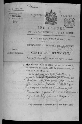 (11 J 1). Certificat d'amnistie pour fait d'émigration accordé par le ministre de la justice à Jean d'Asnières la Châtaigneraye, ancien officier aux gardes françaises, 3 juin 1803