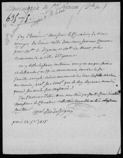 (11 J 18, pièce n°26). Lettre du maréchal duc de Coigny regrettant la réduction de la pension accordée par le roi au comte de Montmorin après que son oncle fut massacré, 24 novembre 1818
