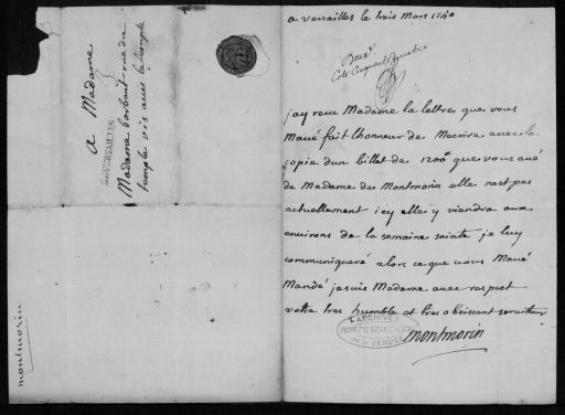 (11 J 18, pièce n°27). Lettre d'affaires signée Montmorin datée de Versailles, adressée à Mme Barbaut, rue du Temple relative à une dette de Mme de Montmorin, 3 mars 1750
