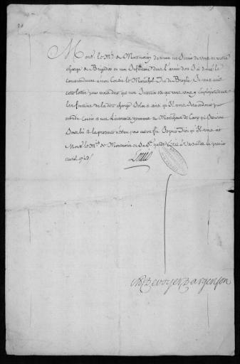 (11 J 18, pièce n°20). Lettre de Louis XV au marquis de Montmorin pour servir en qualité de brigadier d'infanterie sous les ordres du maréchal de Broglie, 1er avril 1743