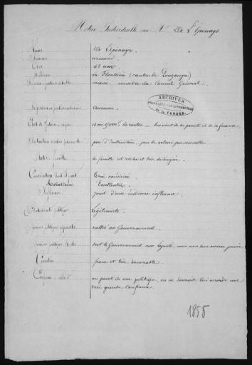 (4M399). Armand de Lespinay, maire de La Flocellière, conseiller général ; Alfred Leroux, député, à Paris ; Abbé Henri-Victor de Lespinay, vicaire général, ancien député (2 notices) ; Louis-Armand, baron de Lespinay ; Charles de Légardière, ancien député et préfet, au Poiroux ; Isidore Libaudière, avoué à Fontenay ; Sébastien Luneau, ancien député, à Bouin ; Paul Marchegay, à Sainte-Hermine ; Théodore Mareau, ancien député, industriel à Mortagne-sur-Sèvre ; Abbé Augustin Ménager, aumônier du collège de Fontenay ; Abbé André Menuet, grand vicaire, à Luçon, conseiller général de Challans ; Léon Boscal de Réals, comte de Mornac, à Napoléon [La Roche-sur-Yon], conseiller général ; Marie Joseph Nau, ancien notaire à La Châtaigneraie ; Alcide Petit Duvignaud, au Claveau en Saint-Valérien ; Henri Levesque de Puyberneau, au Fougeré, conseiller général, président de la Société d'émulation de la Vendée ; Jean-Jacques Raud, maire de Triaize ; Robert, président du tribunal de Fontenay ; Étienne Robert du Botneau, maire de Marsais-Sainte-Radegonde ; Romeuf de La Valette, substitut du procureur impérial à Fontenay ; Étienne Sabouraud, maire d'Auzay ; Henri Savary de Beauregard, au Châtenet en la Châtaigneraie ; Armand Trastour, médecin à Montaigu, conseiller général ; Clément Valette, notaire à Fontenay ; Léon Vinet, notaire à Fontenay, maire et conseiller général.