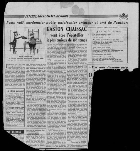 (5 ETP 208). Coupures de presse sur Chaissac (avec poème), 1951-1955