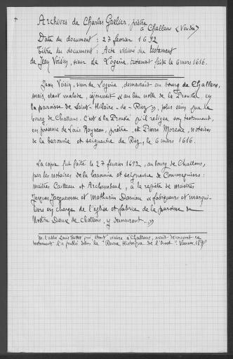 (60 J 208). Testament de Jean Voisin, sieur de la Logerie en 1616 (copie, 1692)