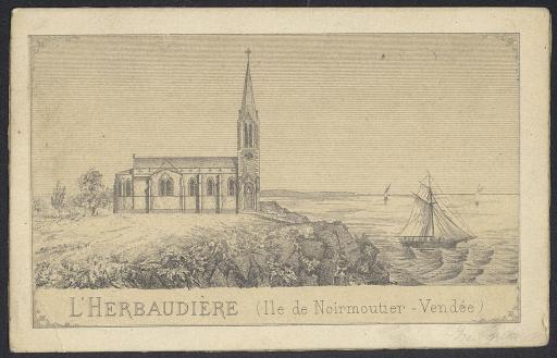 (60 J 477). Projet d'église de l'Herbaudière et au dos dessin de l'autel de Saint-Urbain par Zénon Grelier (1 carte postale)