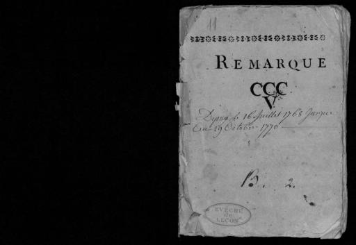 (144J25). 1er cahier d'un volume en deux cahiers. Page de couverture : une frise, " Remarque, CCC [sur]V. - Depuy le 16 juillet 1768 jusque au 29 octobre 1770. - B. 2 ". - P. 1-30, " Théorie de l'impôt, livre qui à paru en 1761, que l'on dit être fait par monsieur le marquis de Mirabeau. Les notes que j'en ai tiré sont.... " - P. 31, " Etat général des vivres, ecestencille que porte les navires d'Olonne lorsque il équipent et arme pour le banc de Terrenuve [Terre-Neuve] ". - P. 32-33, " Noël sur l'air de Sistaime, ou sur l'air Ton heumeur est Catherine, ou sur le cantique Un Dieu vient se faire entendre cher peuple : Chantons l'heureuse naissance/2 que l'on célèbre en ce jour... ". - P. 34, compte. - P. 35-39, sur les taxes sur le sel à Olonne, Bordeaux et Bayonne. - P. 40-78 journal du 16 juillet 1768 au 28 octobre 1770.