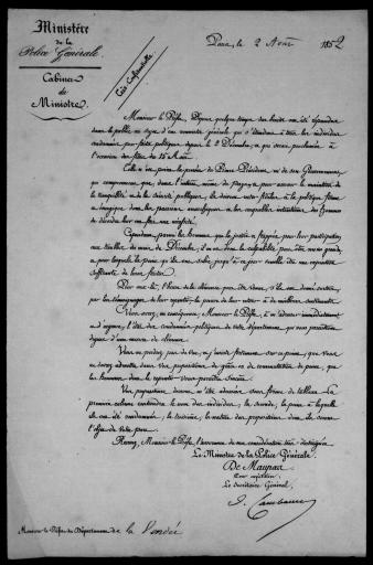 (4M396). Amnistie du 15 août 1852 et grâce, fin 1852 : propositions concernant les internés en Vendée ainsi que Clemenceau.