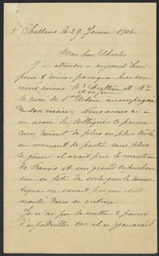 (60 J 212). Lettres de Mme Grelier à son fils Charles lui racontant les événements à Challans, dans les paroisses voisines et à Nantes, 29 janvier-2 mars 1906