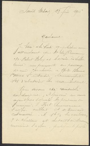 (60 J 212). Lettre du Dr Julien Rousseau à Mme Grelier lui racontant les événements à Saint-Urbain, 23 février 1906